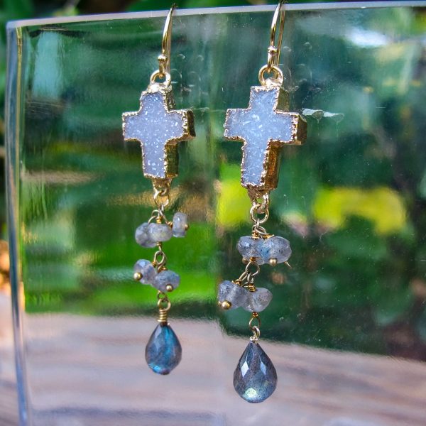 Druzy Cross with Labradorite Stone Earrings
