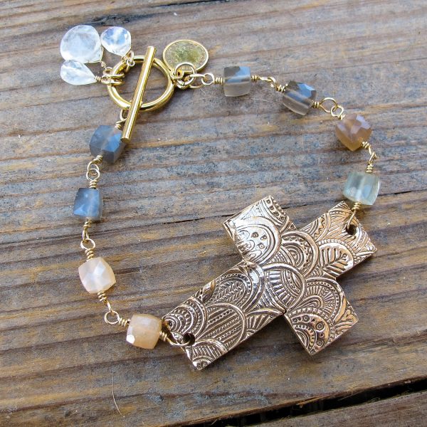 Hand Textured Cross Bracelet on Peach & Grey Moonstone
