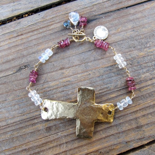 Cross Bracelet on Moonstone and Tourmaline