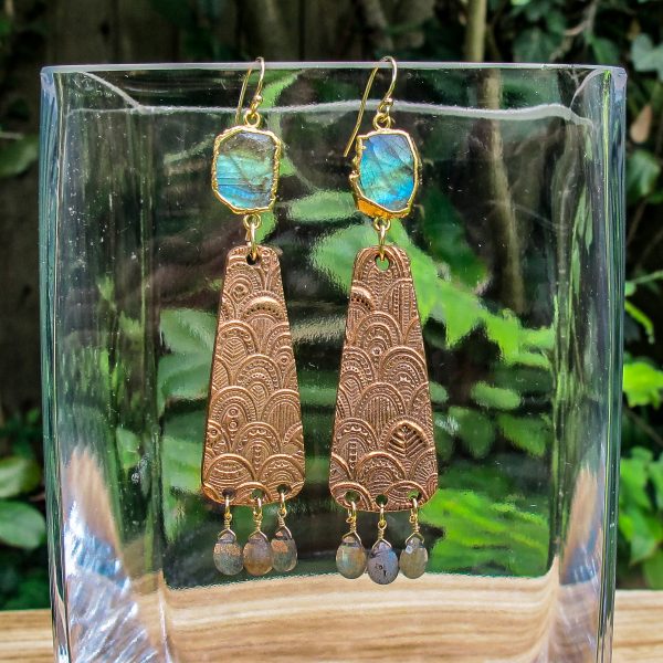Hand Textured Bronze with Labradorite Stone Earrings - Image 5