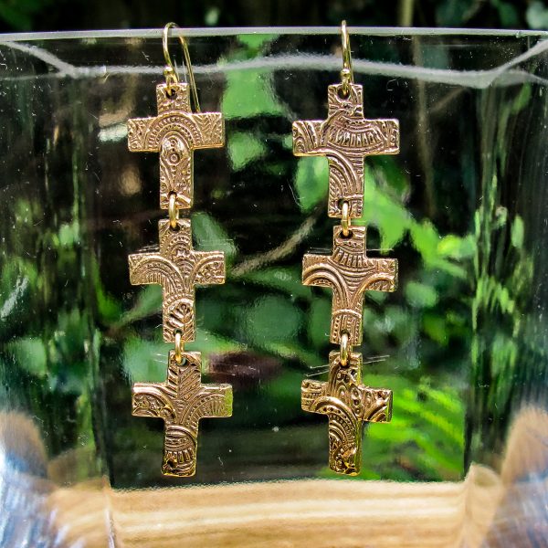 Hand Textured Bronze Triple Cross Earrings