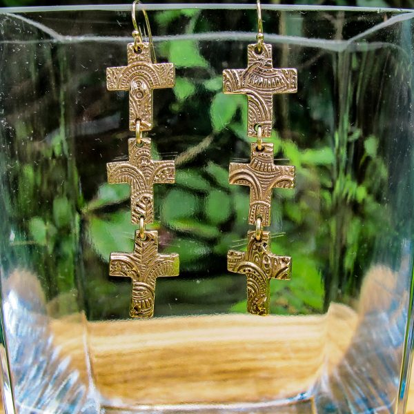 Hand Textured Bronze Triple Cross Earrings - Image 2