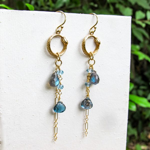 Small Gold Ouroboros Snake Labradorite & Topaz Earrings - Image 2