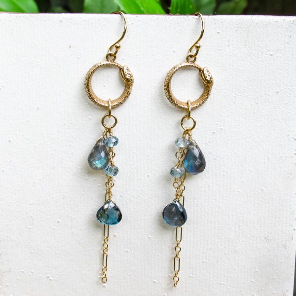 Small Gold Ouroboros Snake Labradorite & Topaz Earrings