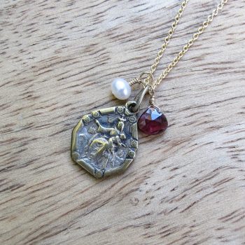 Sacred Heart of Jesus & Virgin of Carmel Antique Medal with Garnet & Pearl