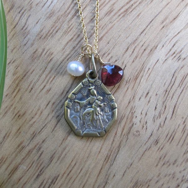 Sacred Heart of Jesus & Virgin of Carmel Antique Medal with Garnet & Pearl - Image 2