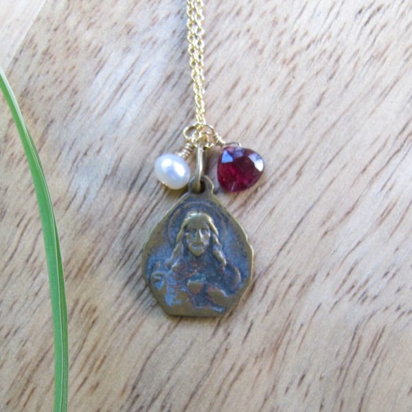 Sacred Heart of Jesus & Virgin of Carmel Antique Medal with Garnet & Pearl - Image 3