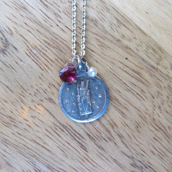 Notre Dame De Foy Antique Religious Medal with Pearl & Garnet