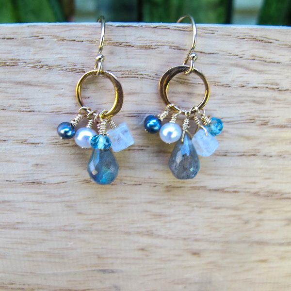AAA Labradorite, Moonstone, London Blue Topaz, and Peacock Pearl Dangle Earrings - Image 6