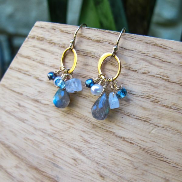 AAA Labradorite, Moonstone, London Blue Topaz, and Peacock Pearl Dangle Earrings - Image 5