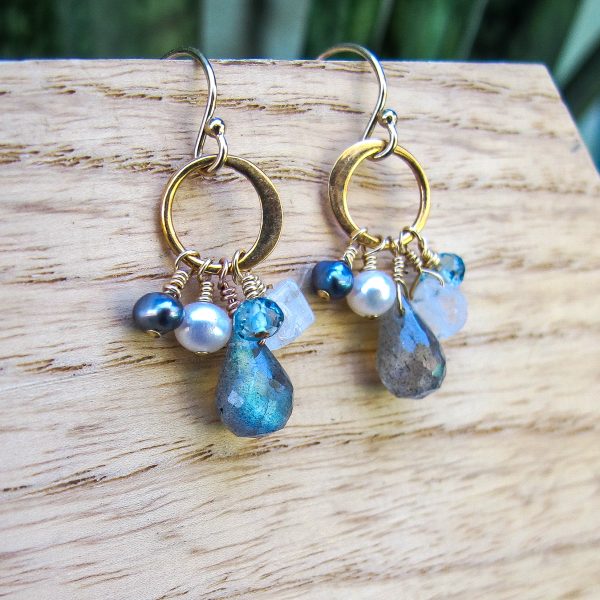 AAA Labradorite, Moonstone, London Blue Topaz, and Peacock Pearl Dangle Earrings - Image 4