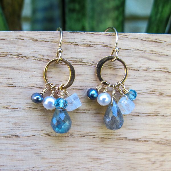 AAA Labradorite, Moonstone, London Blue Topaz, and Peacock Pearl Dangle Earrings - Image 3