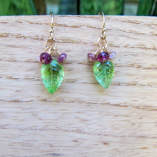 Hand Carved Peridot Leaves with Garnet & Pink Tourmaline - Image 2