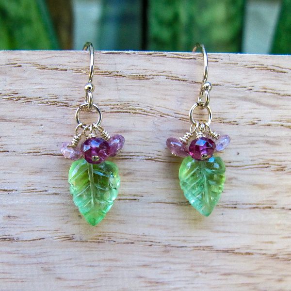 Hand Carved Peridot Leaves with Garnet & Pink Tourmaline