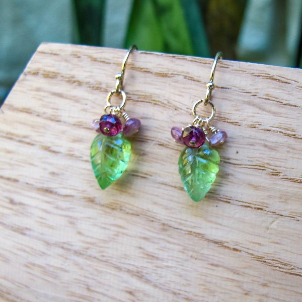 Hand Carved Peridot Leaves with Garnet & Pink Tourmaline - Image 3