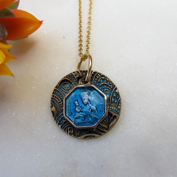 Saint Anne De Beaupre Blue Enamel Antique Medal Necklace