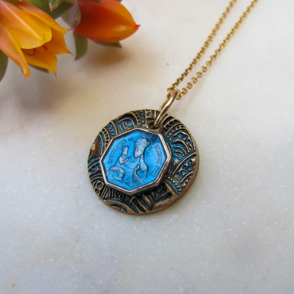 Saint Anne De Beaupre Blue Enamel Antique Medal Necklace - Image 3