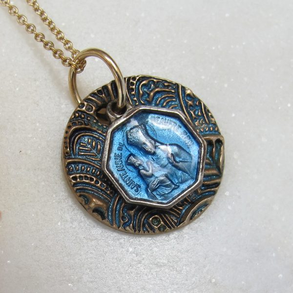 Saint Anne De Beaupre Blue Enamel Antique Medal Necklace - Image 2