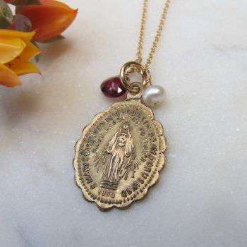 Scalloped Miraculous Mary Antique Necklace with Pearl & Garnet