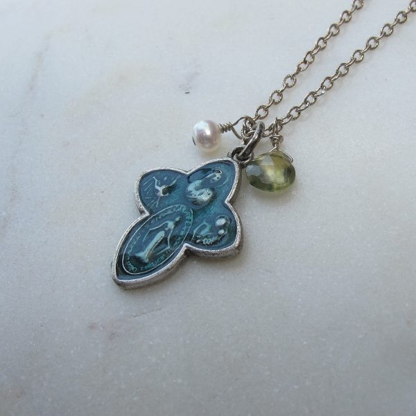Antique Four Way Cross Blue Enamel Protection Medal on Sterling Silver Chain - Image 3