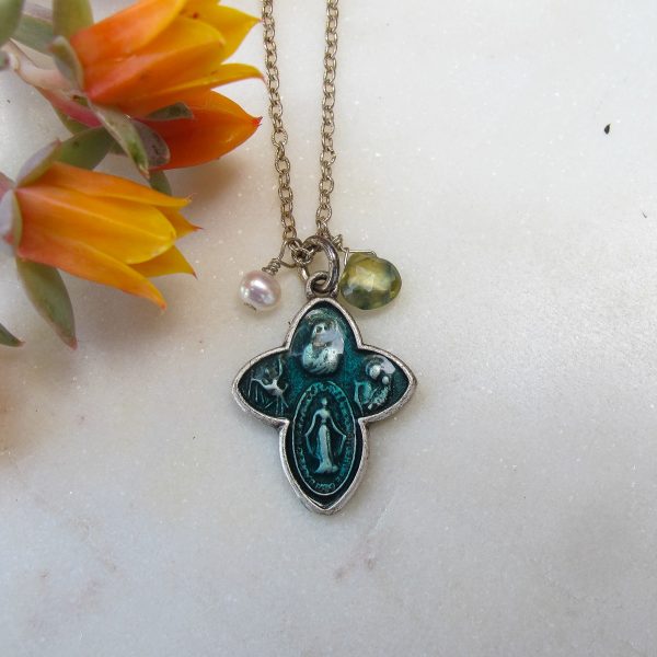 Antique Four Way Cross Blue Enamel Protection Medal on Sterling Silver Chain