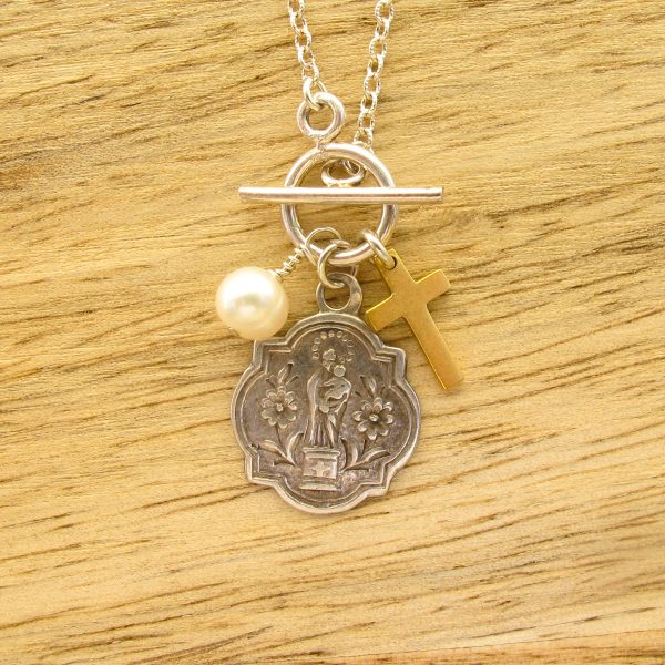 Our Lady of the Pillar Antique Medal Necklace from Italy on Sterling Silver Chain - Image 2