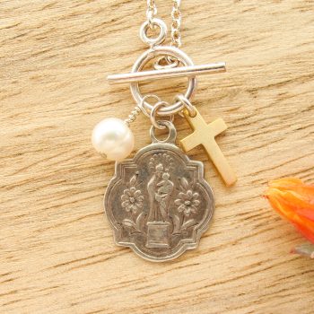 Our Lady of the Pillar Antique Medal Necklace from Italy on Sterling Silver Chain