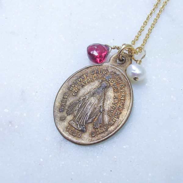 Antique Miraculous Mary Antique Necklace with Pearl & Garnet