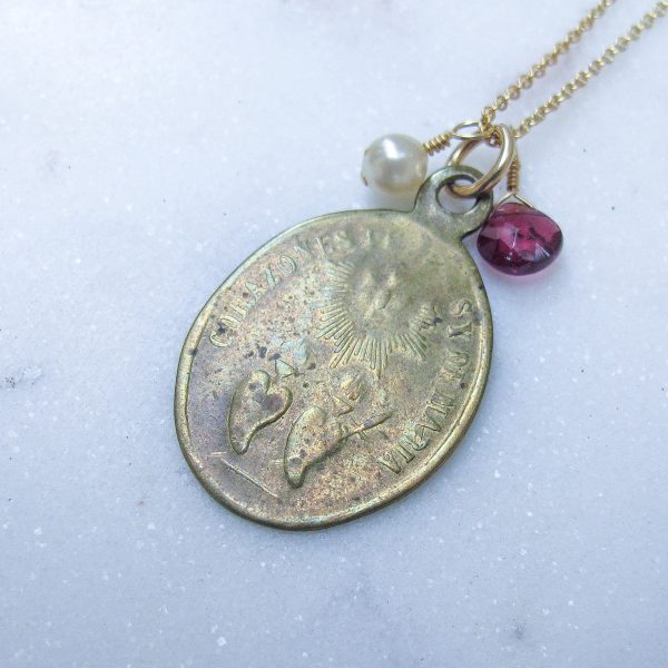 Sacred Family & Sacred Heart Antique Medal with Garnet & Pearl - Image 3