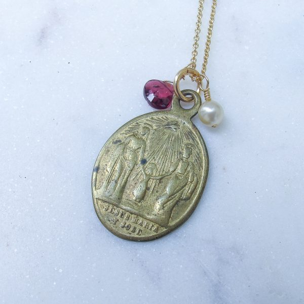 Sacred Family & Sacred Heart Antique Medal with Garnet & Pearl