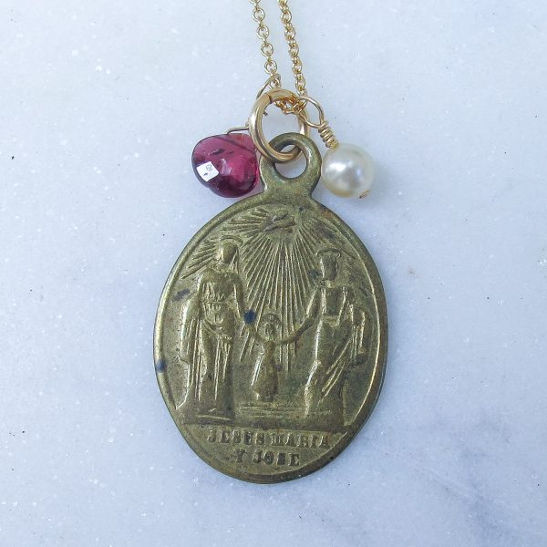 Sacred Family & Sacred Heart Antique Medal with Garnet & Pearl - Image 2