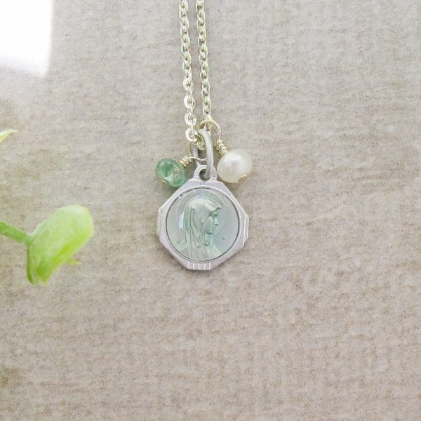 Mother Mary & Lourdes Green Enamel Medal on Sterling Silver Chain - Image 2