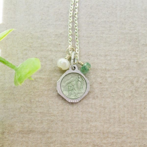 Mother Mary & Lourdes Green Enamel Medal on Sterling Silver Chain - Image 3