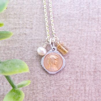 Mother Mary & Lourdes Peach Enamel Medal on Sterling Silver Chain