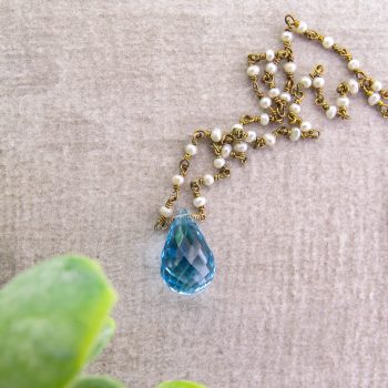 Swiss Blue Topaz Necklace on Baby Freshwater Pearl Chain