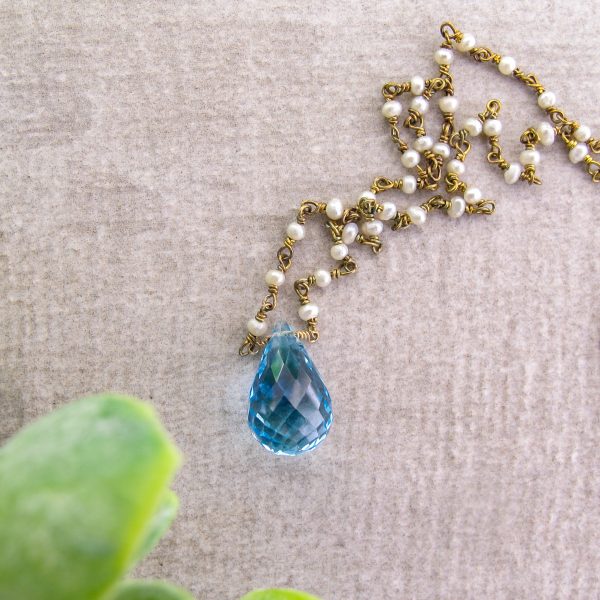 Swiss Blue Topaz Necklace on Baby Freshwater Pearl Chain