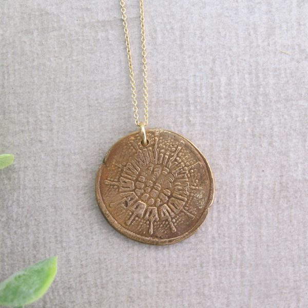 Hand Textured Sea Urchin Medal Necklace on Gold Filled Chain - Image 2