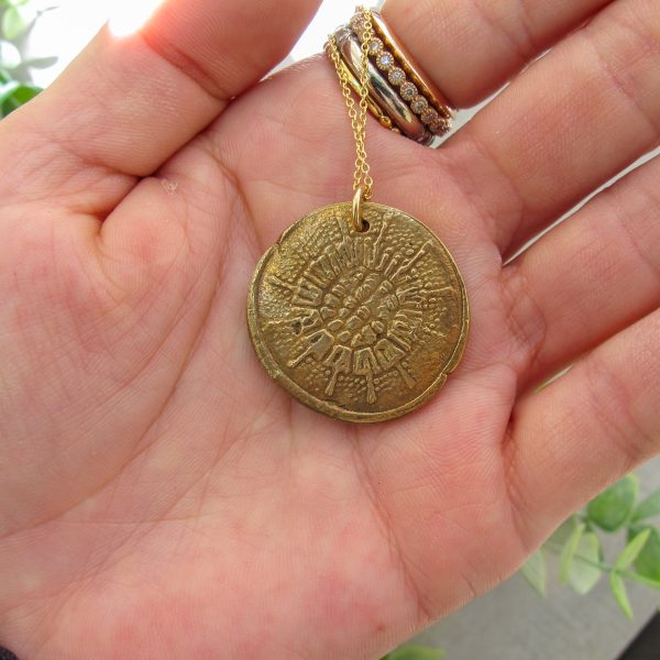 Hand Textured Sea Urchin Medal Necklace on Gold Filled Chain - Image 3