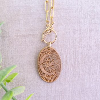 Hand Textured All Seeing Eye Bronze Medal Necklace on Paperclip Chain