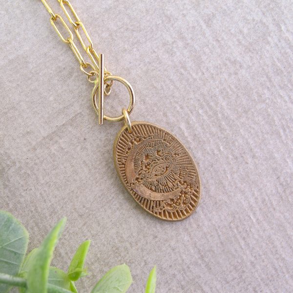 Hand Textured All Seeing Eye Bronze Medal Necklace on Paperclip Chain - Image 2