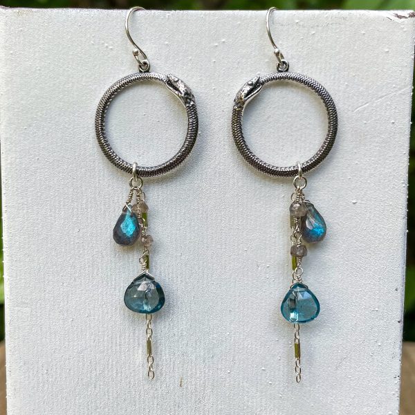 Large Ouroboros Snake Labradorite & Topaz Earrings