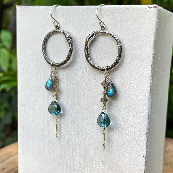 Large Ouroboros Snake Labradorite & Topaz Earrings - Image 3