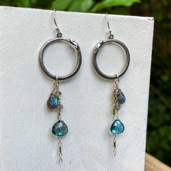 Large Ouroboros Snake Labradorite & Topaz Earrings - Image 2