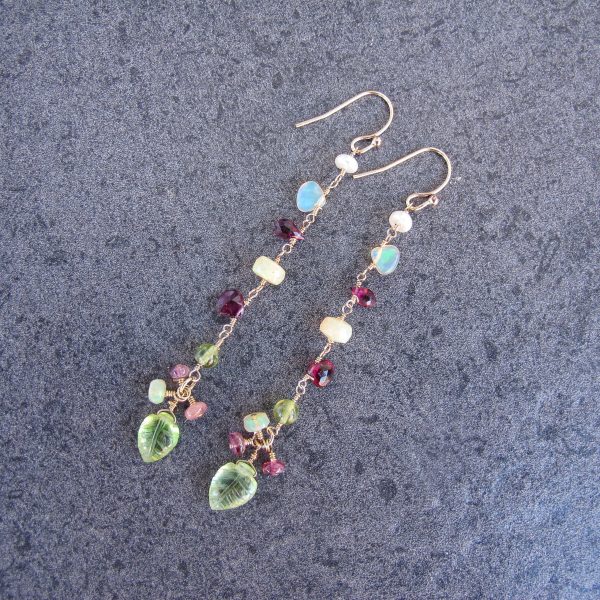 Flower Fields Cascading Earrings Garnet, Opal, and Carved Peridot