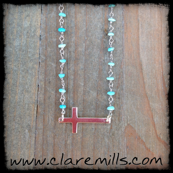 Silver Sideways Cross on Turqoise