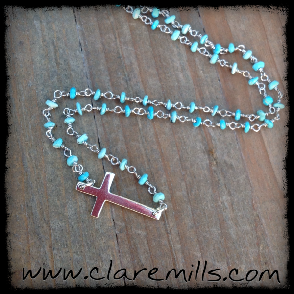 Silver Sideways Cross on Turqoise - Image 2