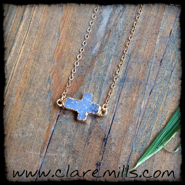 Druzy Cross on Delicate Gold Chain - Image 2