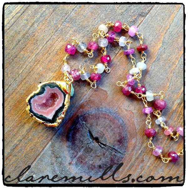 Watermelon Geode Necklace on Sapphire Chain