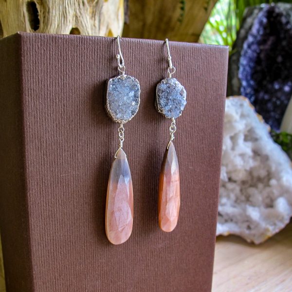 Peach & Grey Moonstone and Druzy Earrings - Image 2