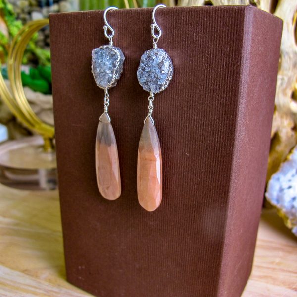Peach & Grey Moonstone and Druzy Earrings - Image 3